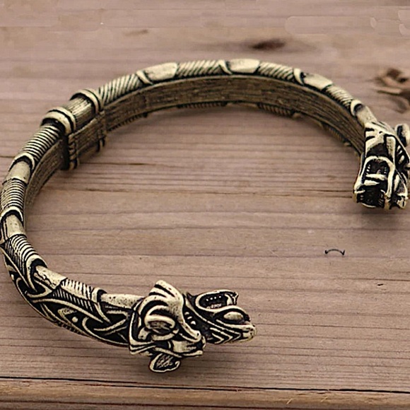 Gold Wolf Head Viking Norse Knotwork Cuff Bangle Bracelet - Picture 4 of 6